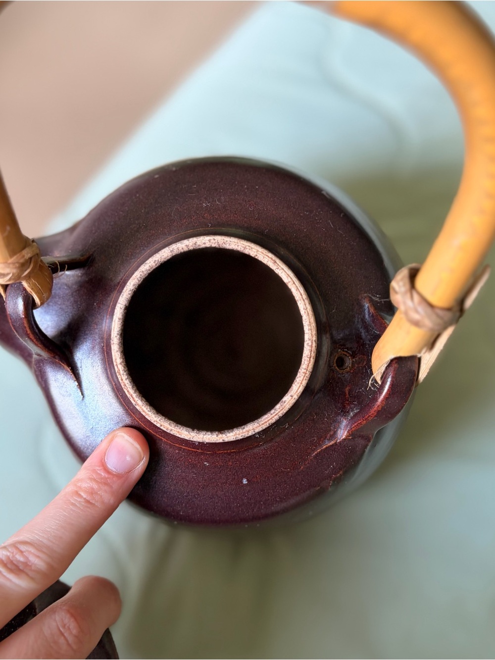 Vintage Pottery Ceramic Burgundy Oriental Teapot Kettle with Bamboo Handle - Picture 7 of 9